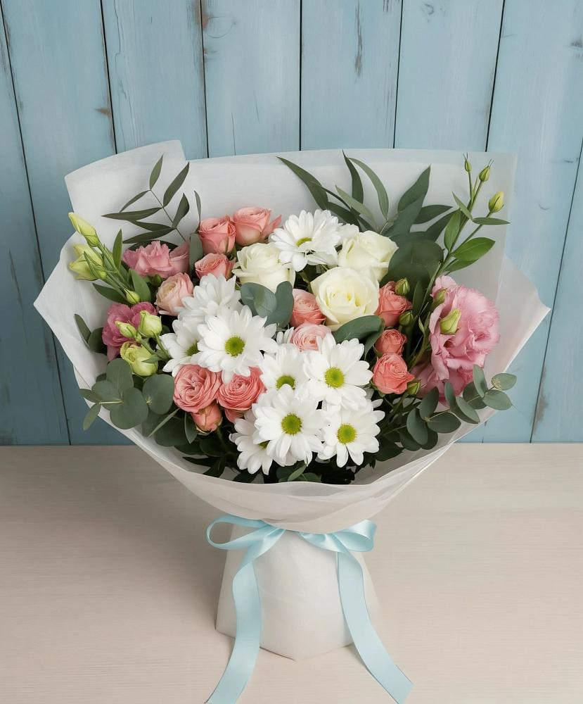 Букет цветов из: Розы, Лизиантусы и Хризантемы в Черемшан