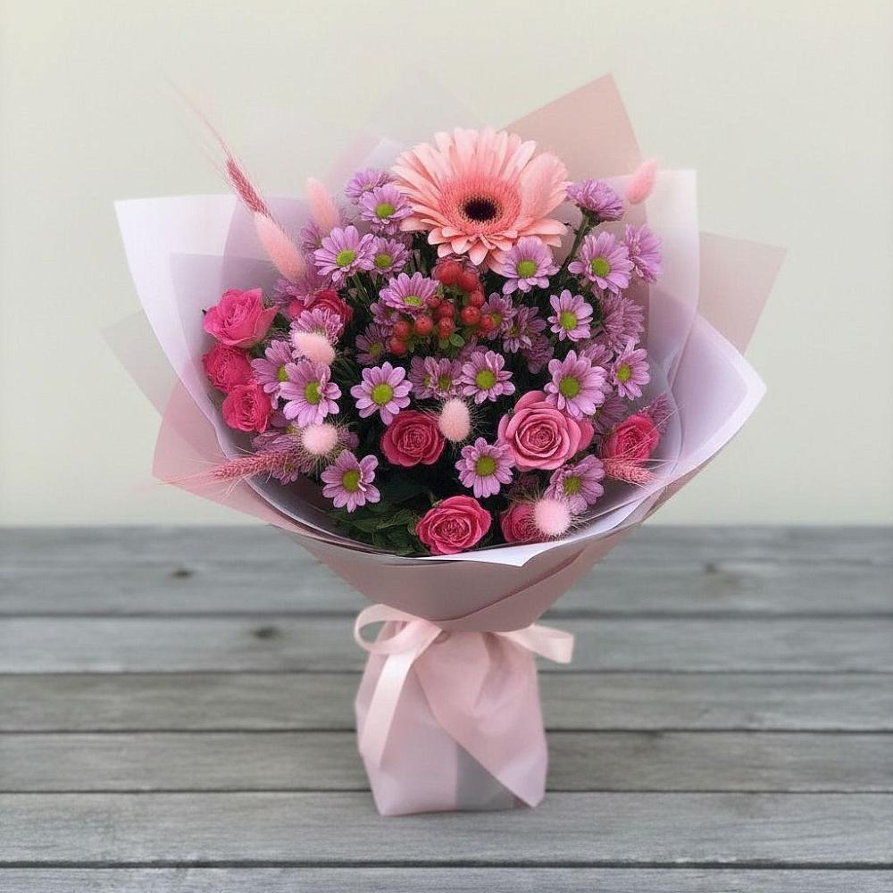 Букет цветов из: Розы, Герберы и Хризантемы в Черемшан