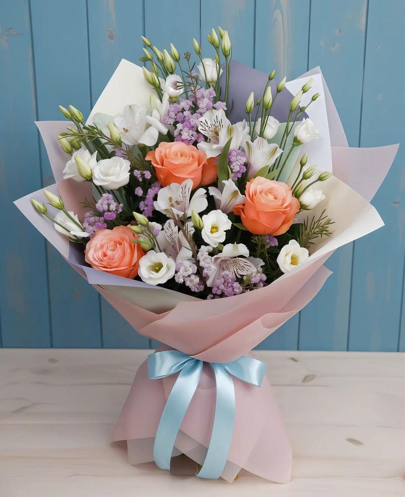 Букет цветов из: Лизиантусы, Розы, Альстромерии и Гипсофила в Черемшан